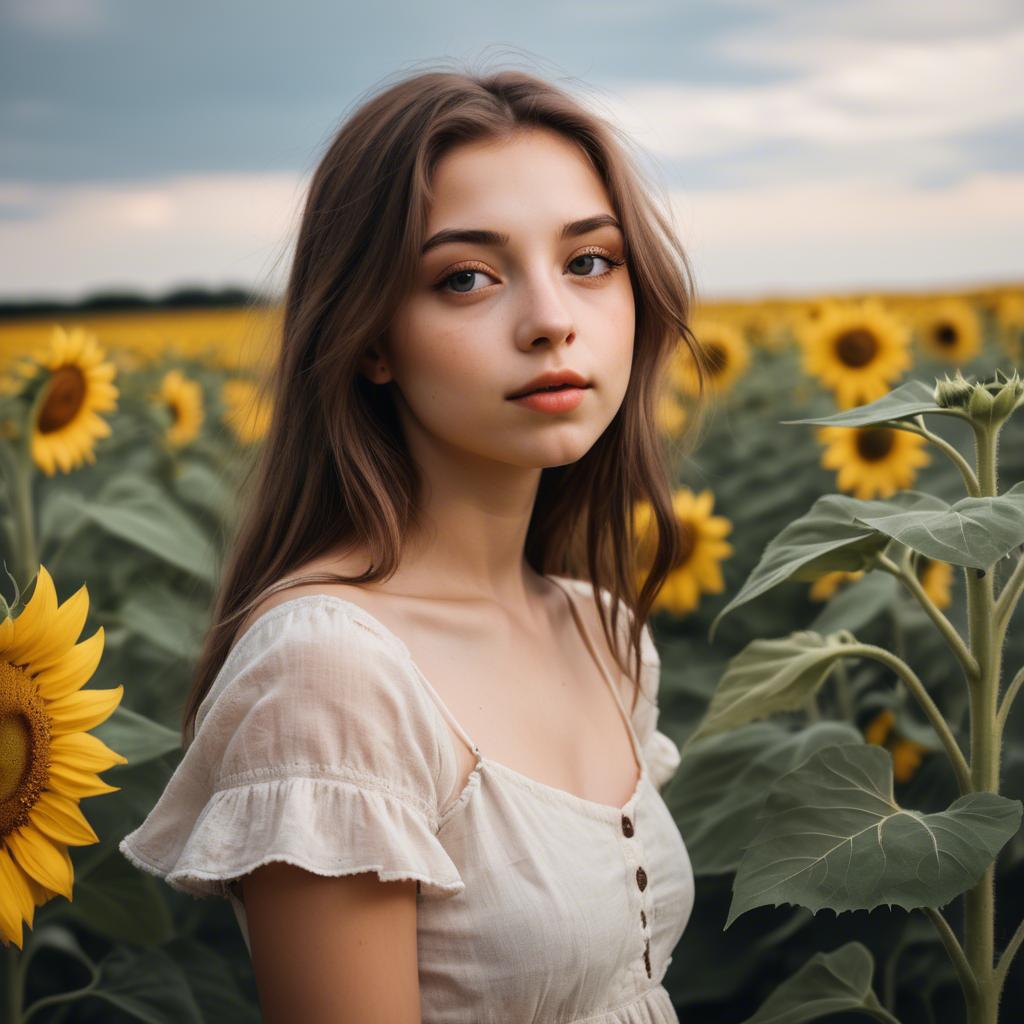 A stunning image of dreamy girl standing in a field of sunflowers.
