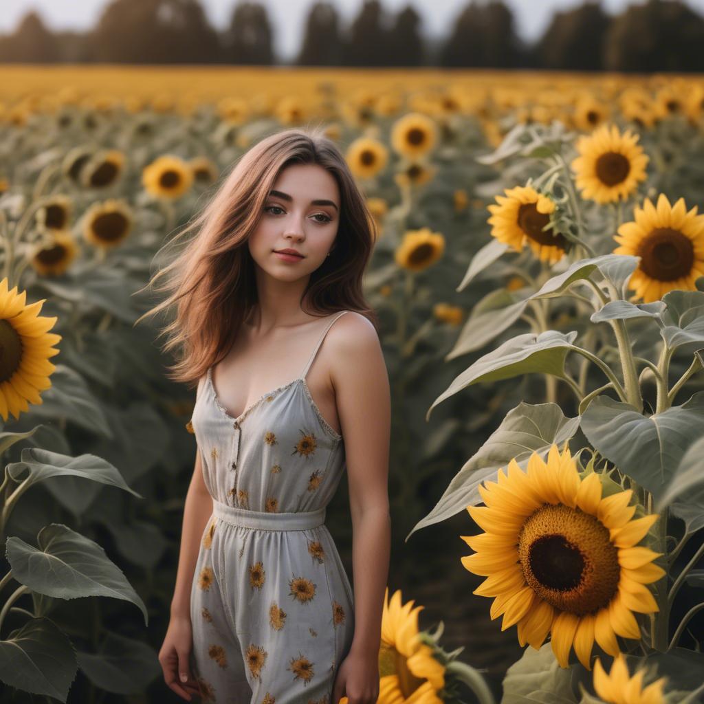 A stunning image of dreamy girl standing in a field of sunflowers.