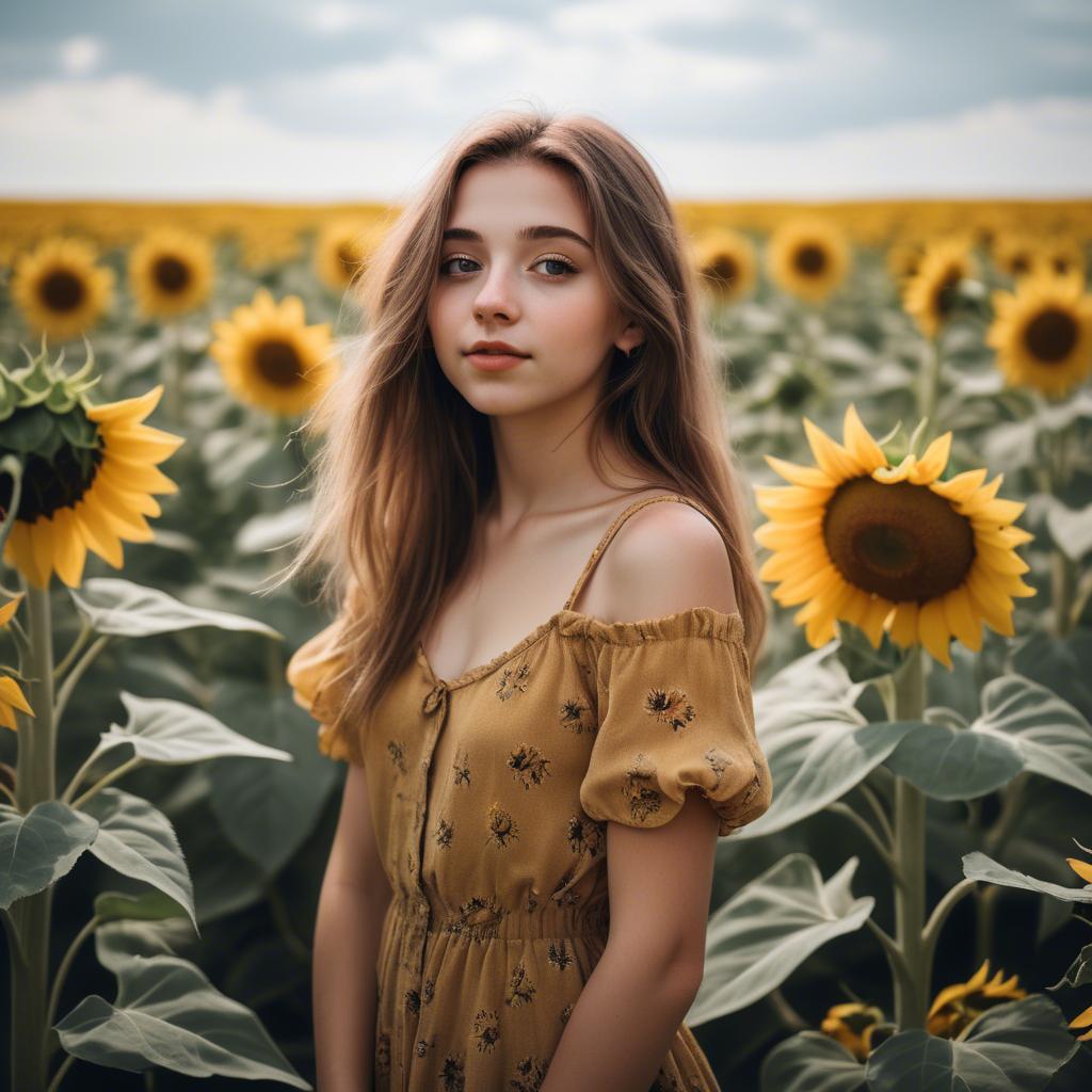 A stunning image of dreamy girl standing in a field of sunflowers.