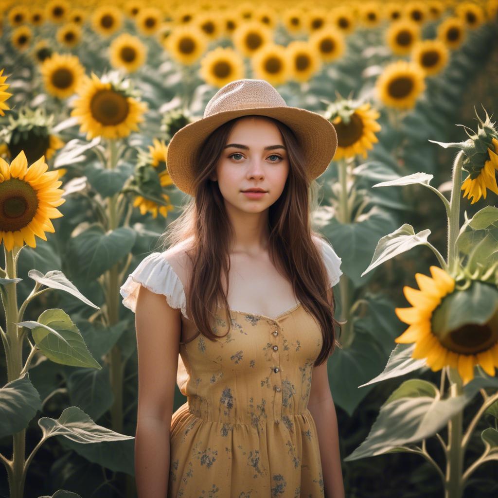 A stunning image of dreamy girl standing in a field of sunflowers.