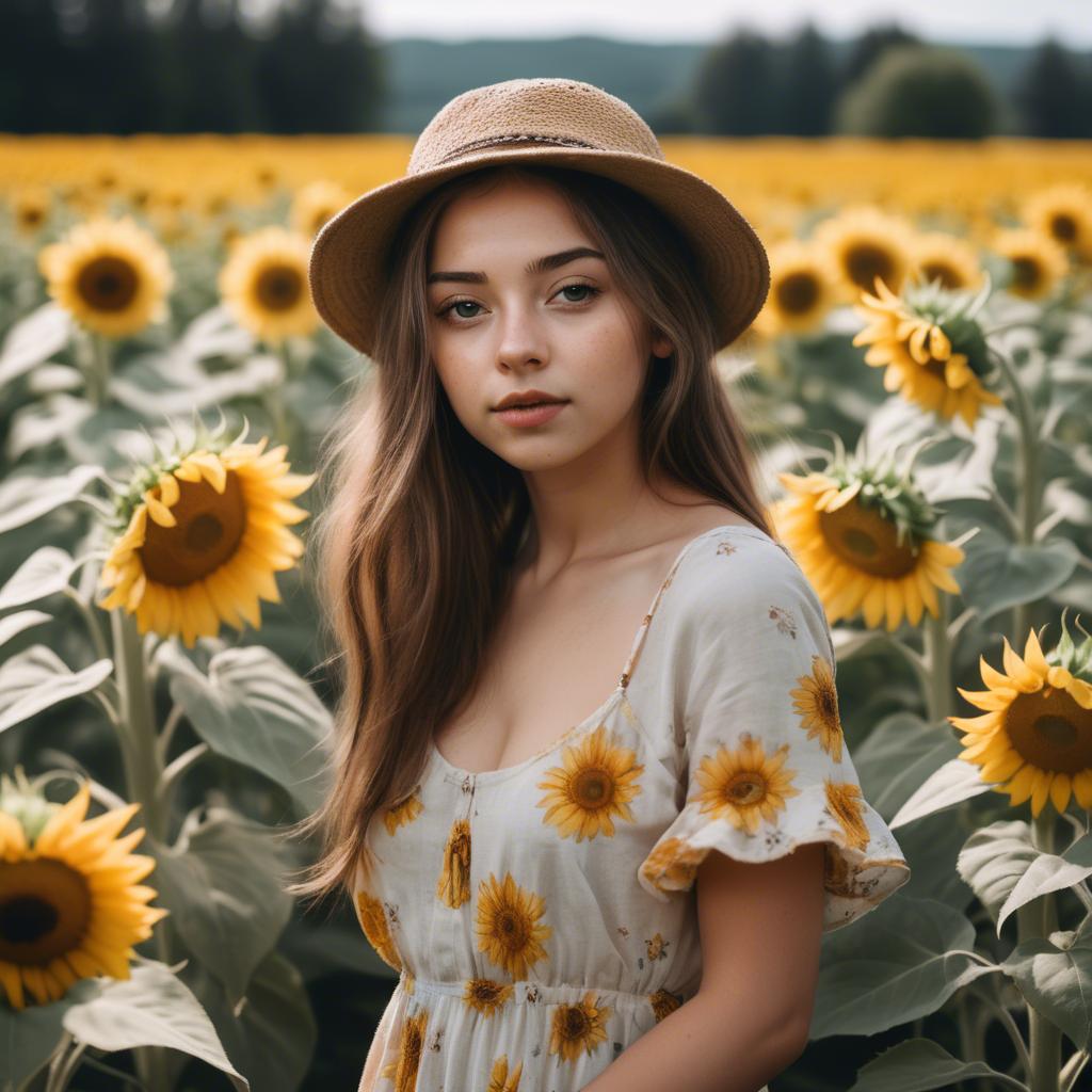 A stunning image of dreamy girl standing in a field of sunflowers.