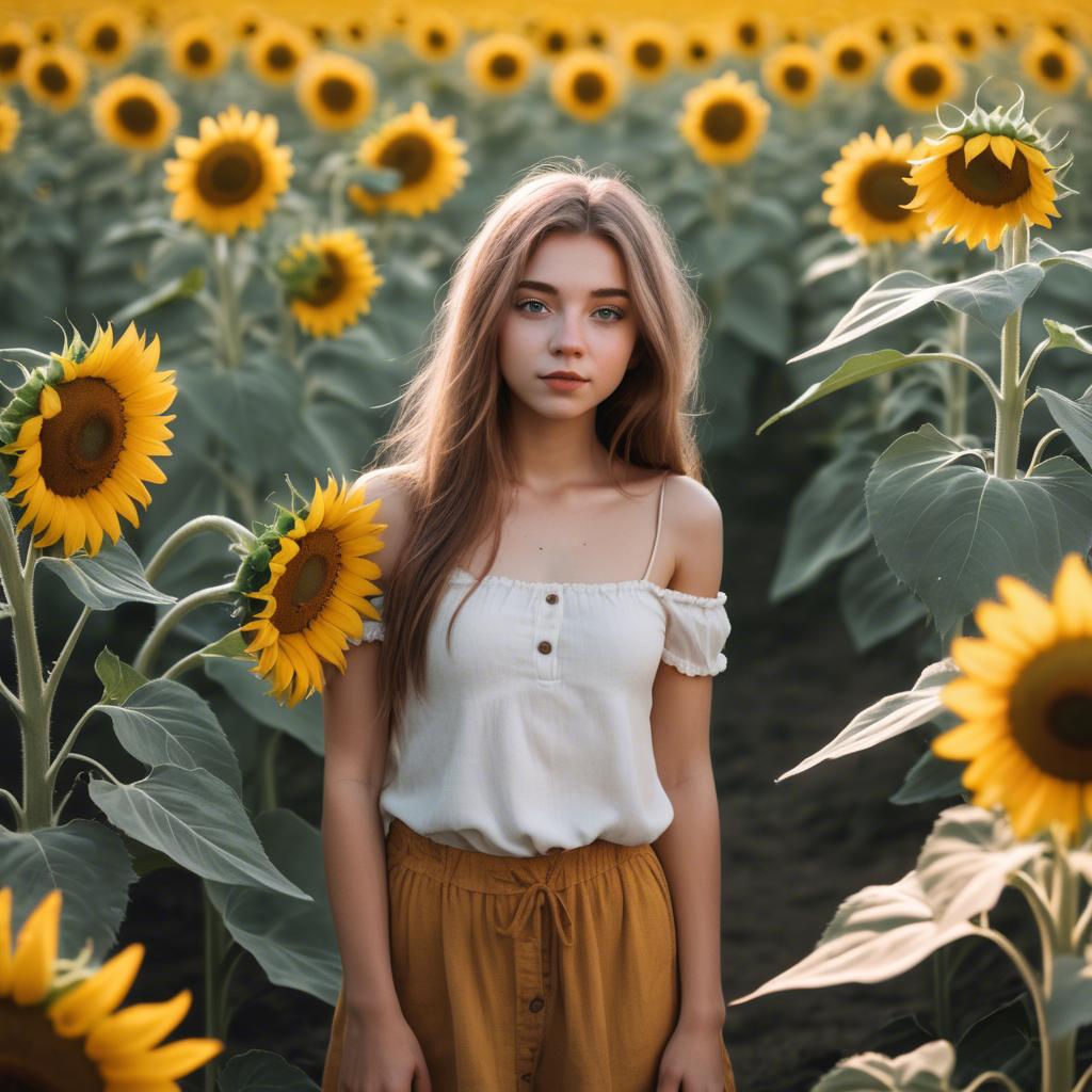 A stunning image of dreamy girl standing in a field of sunflowers.