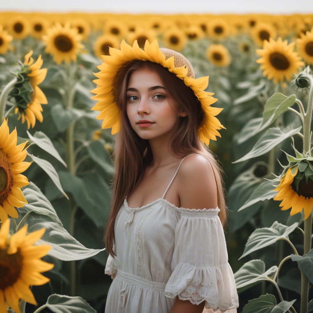 A stunning image of dreamy girl standing in a field of sunflowers.