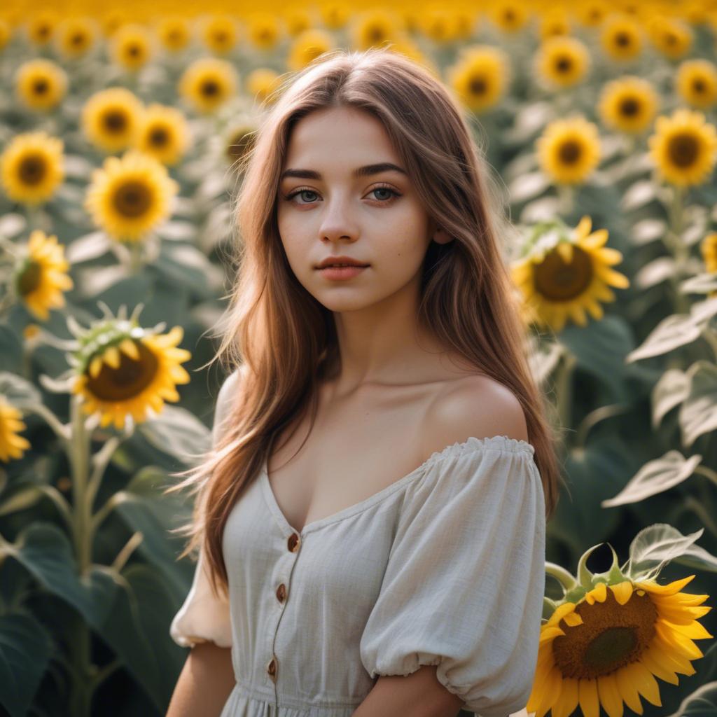 A stunning image of dreamy girl standing in a field of sunflowers.