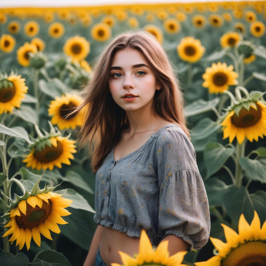 A stunning image of dreamy girl standing in a field of sunflowers.
