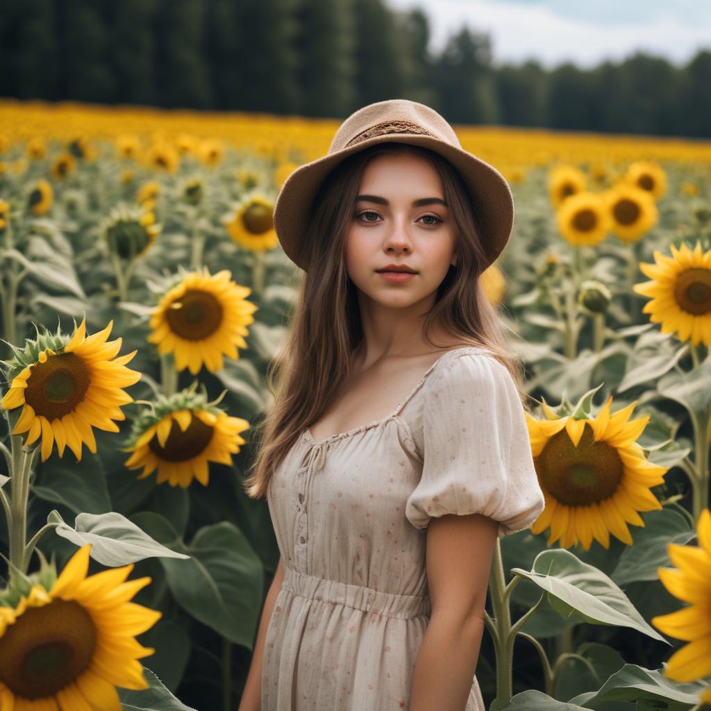 A stunning image of dreamy girl standing in a field of sunflowers.