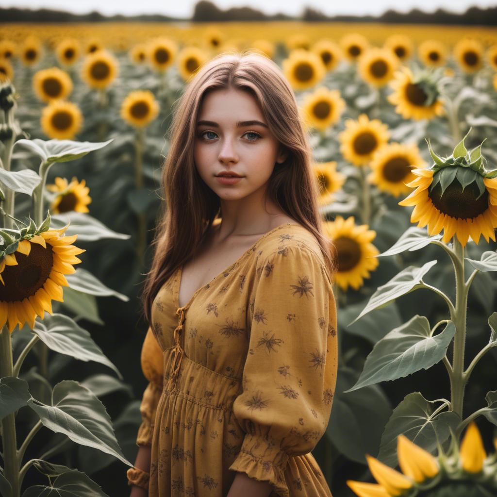 A stunning image of dreamy girl standing in a field of sunflowers.