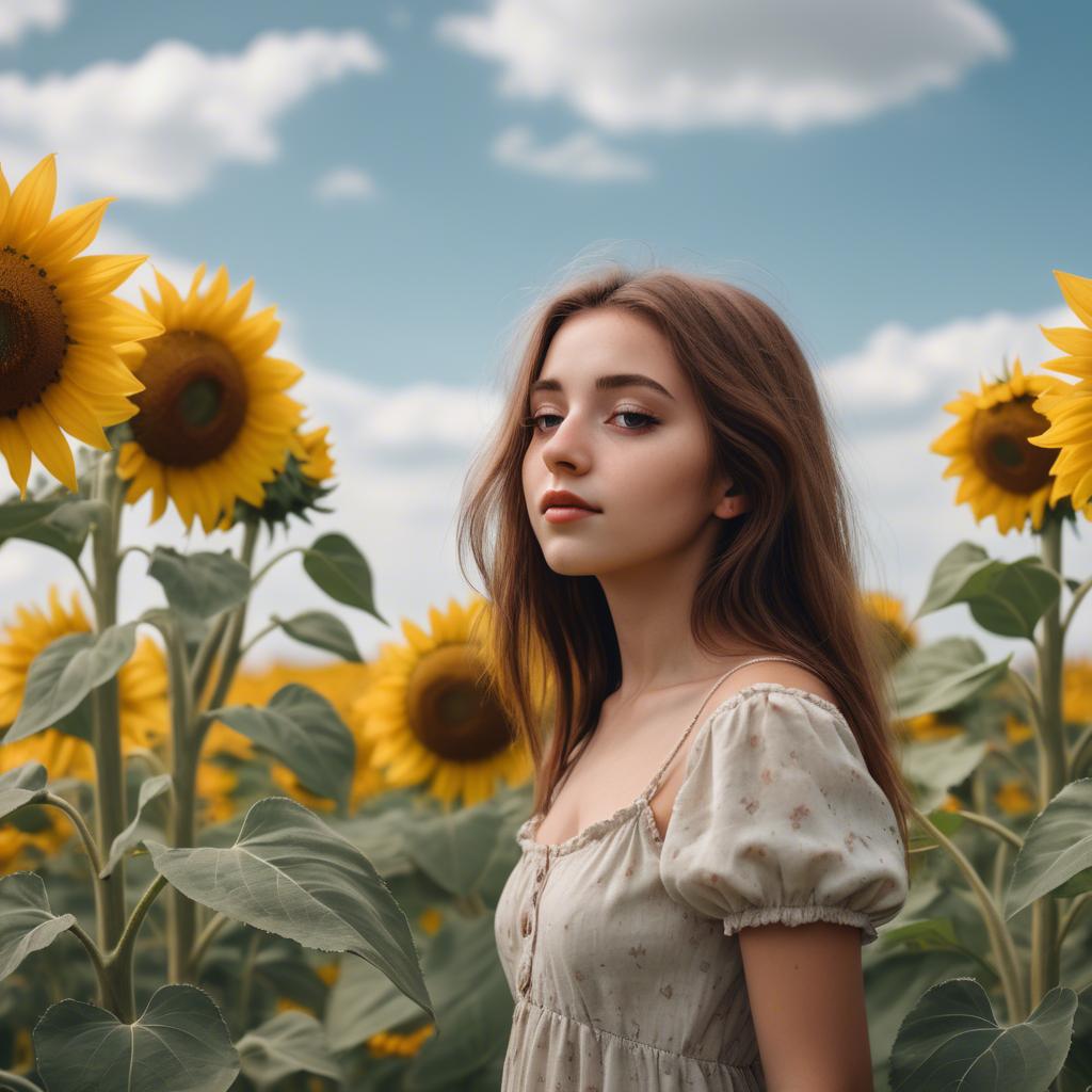 A stunning image of dreamy girl standing in a field of sunflowers.