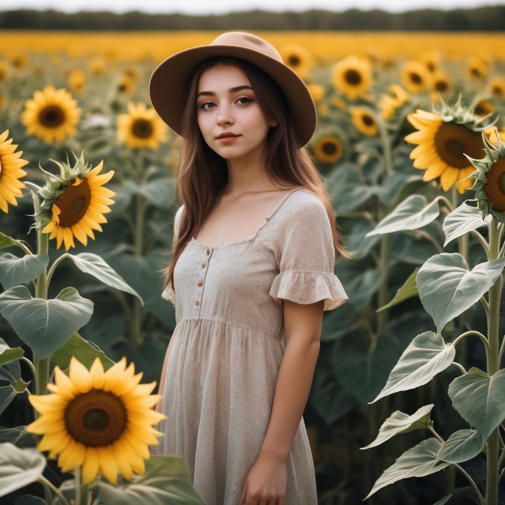 A stunning image of dreamy girl standing in a field of sunflowers.