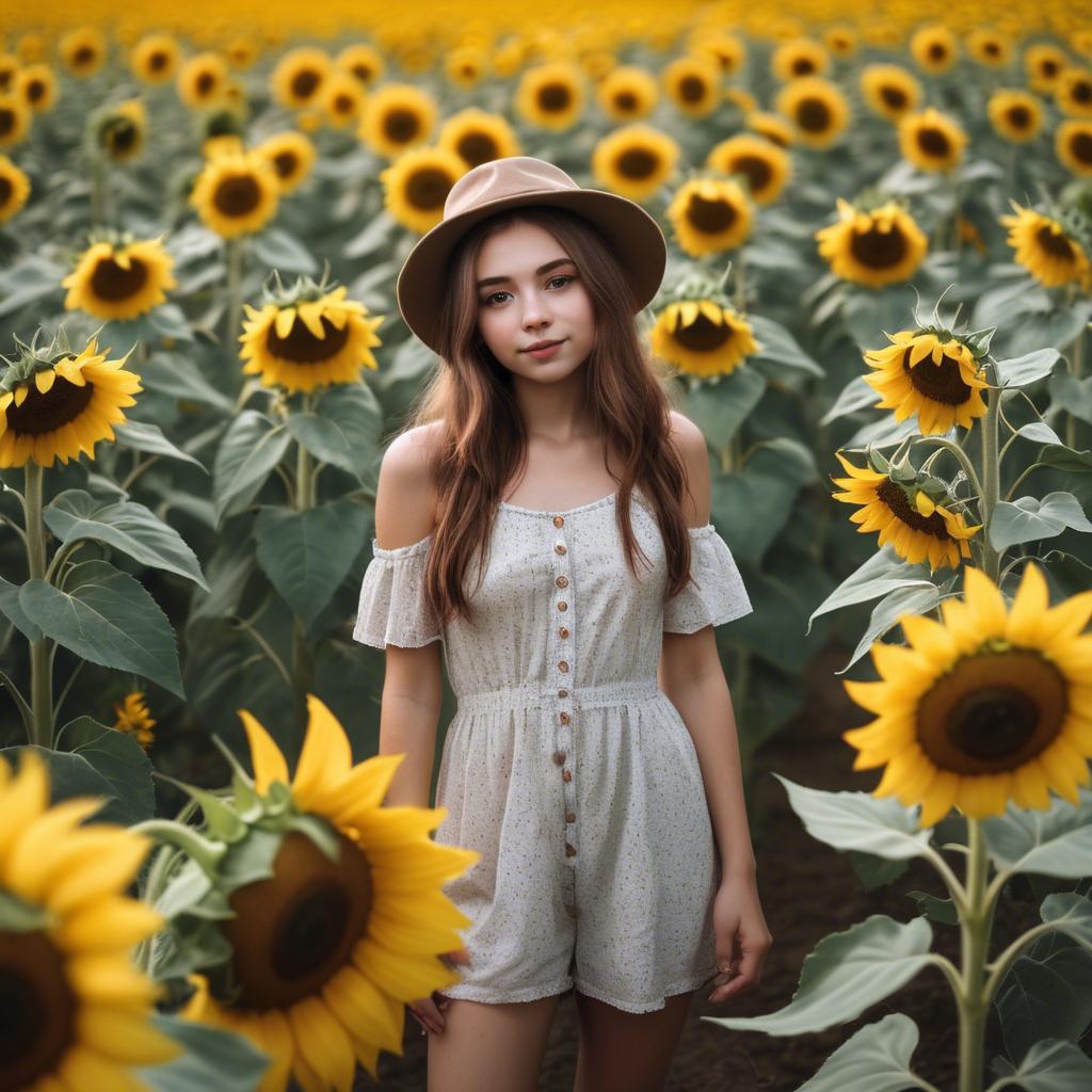 A stunning image of dreamy girl standing in a field of sunflowers.