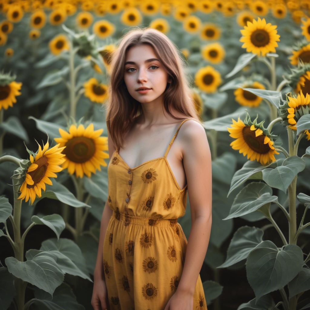 A stunning image of dreamy girl standing in a field of sunflowers.
