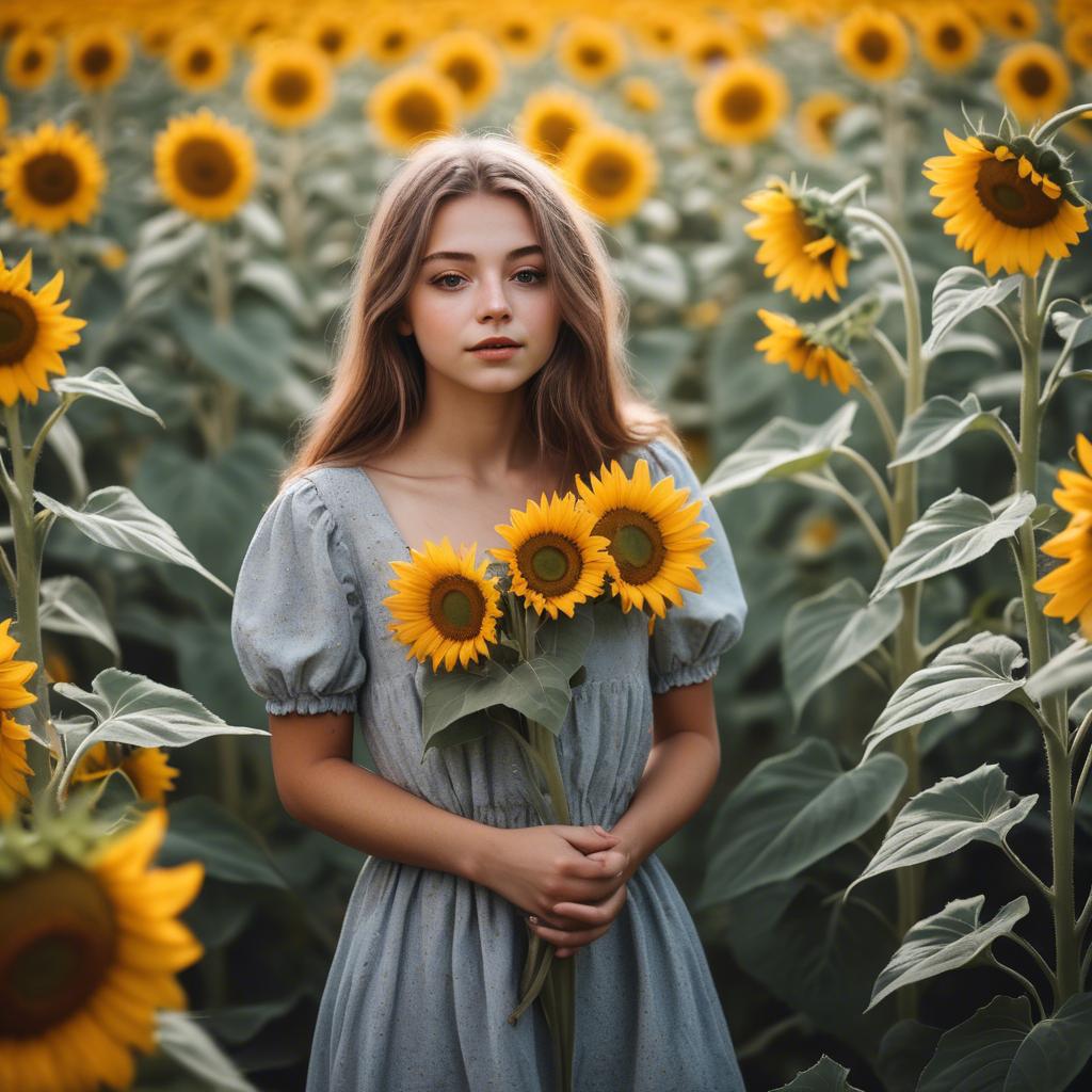 A stunning image of dreamy girl standing in a field of sunflowers.