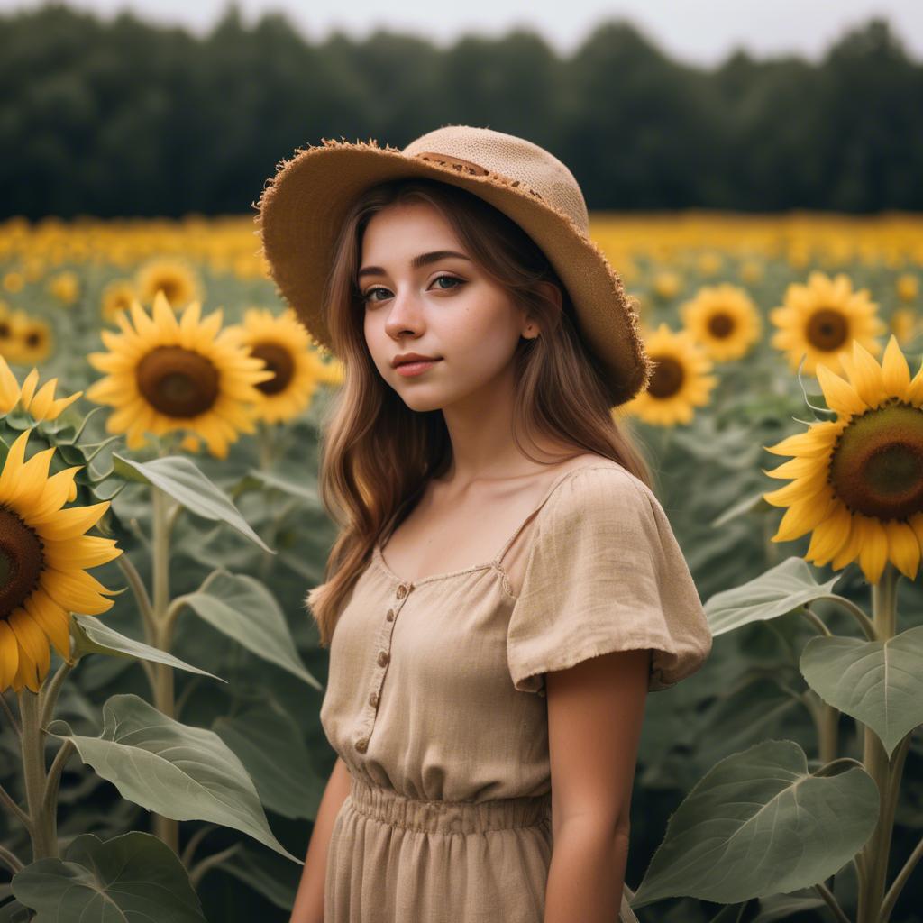A stunning image of dreamy girl standing in a field of sunflowers.