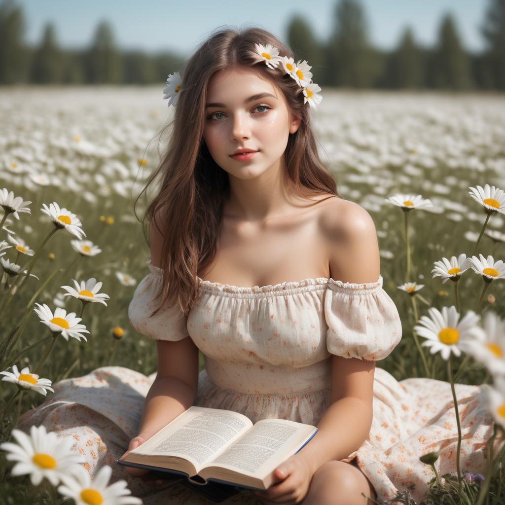 A stunning image of dreamy girl with a book in a field of daisies.