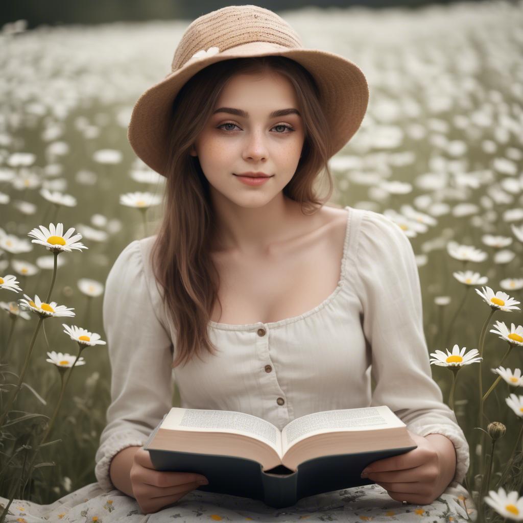 A stunning image of dreamy girl with a book in a field of daisies.