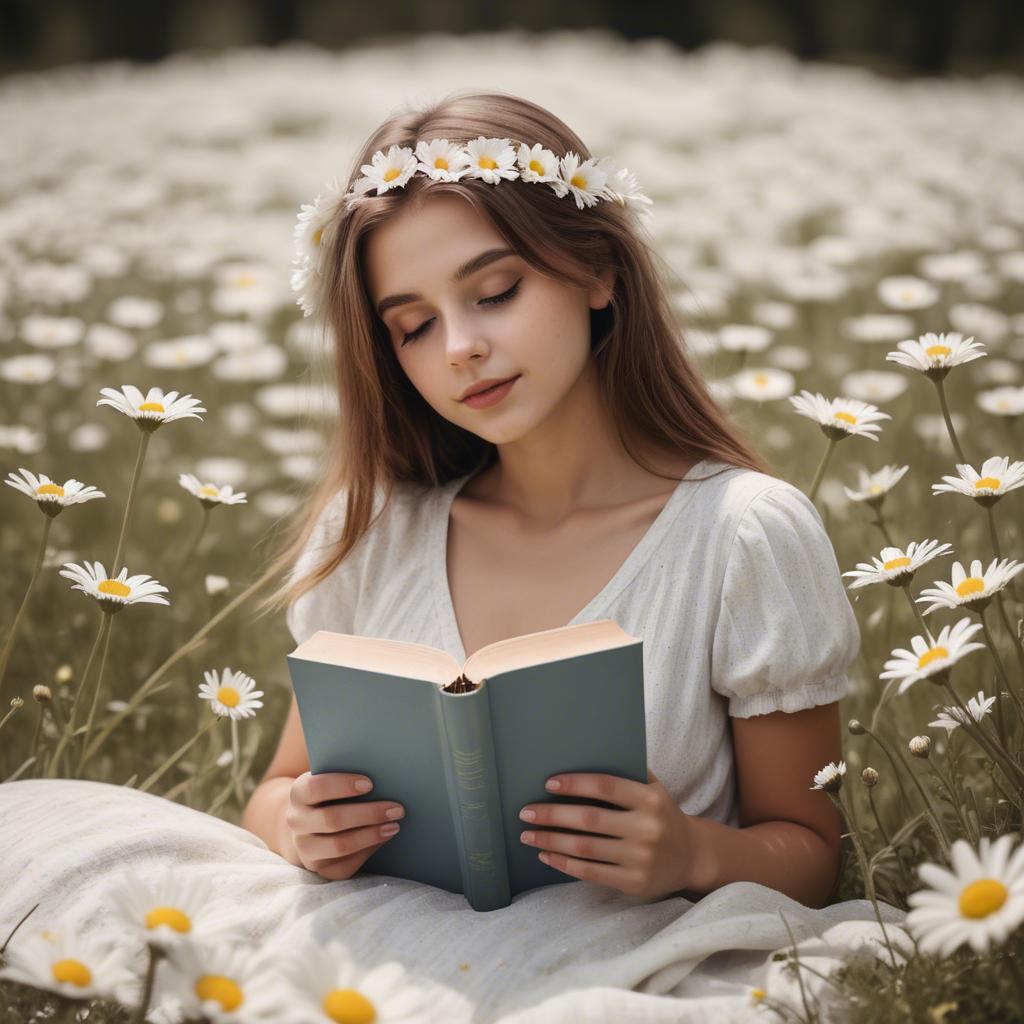 A stunning image of dreamy girl with a book in a field of daisies.