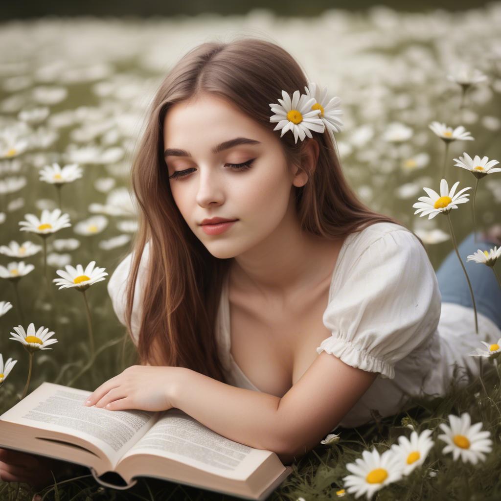 A stunning image of dreamy girl with a book in a field of daisies.
