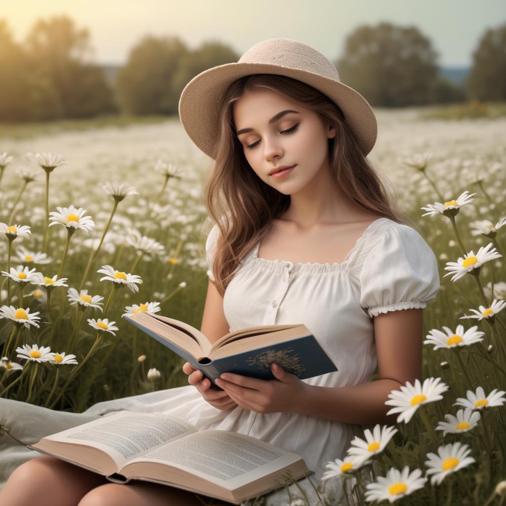 A stunning image of dreamy girl with a book in a field of daisies.
