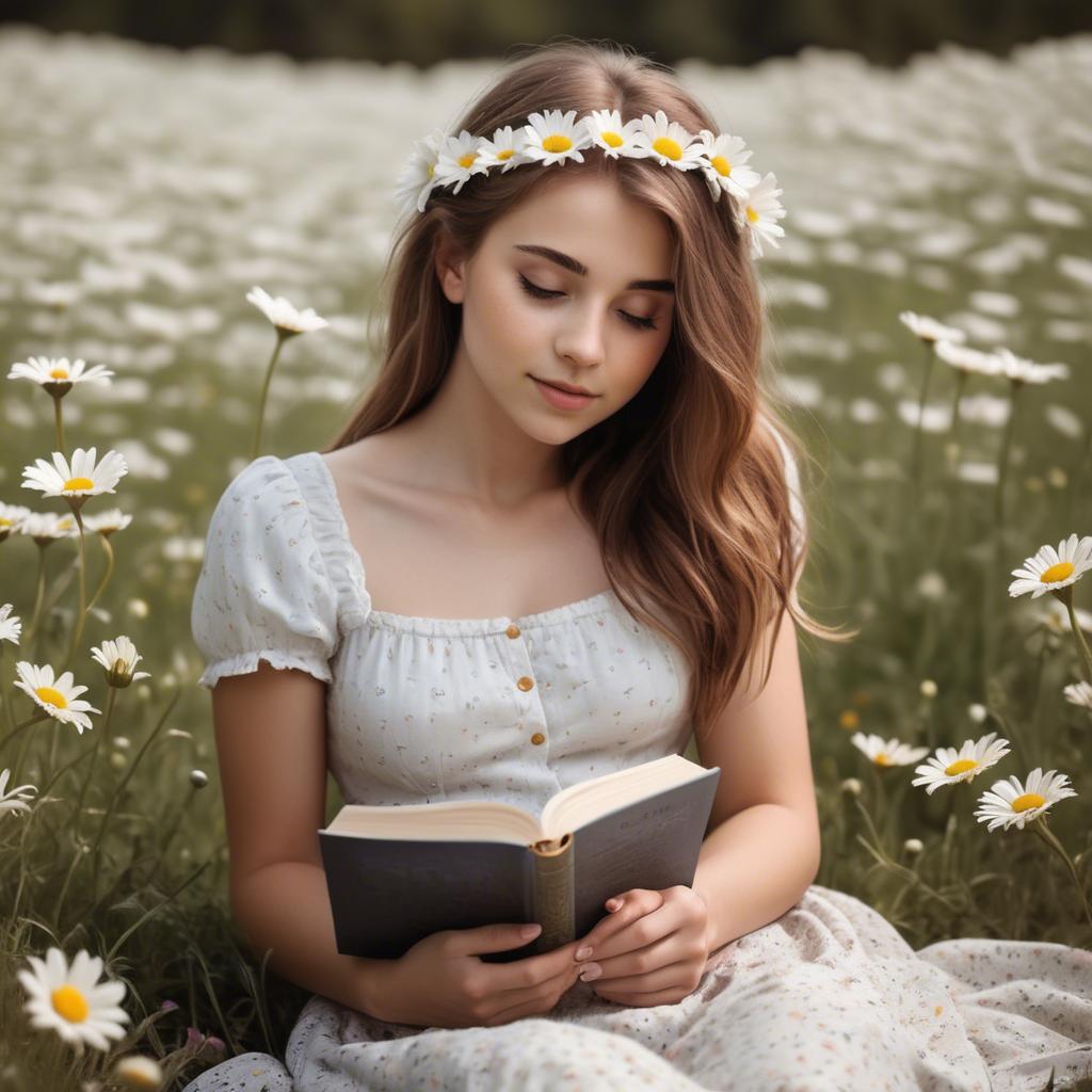 A stunning image of dreamy girl with a book in a field of daisies.