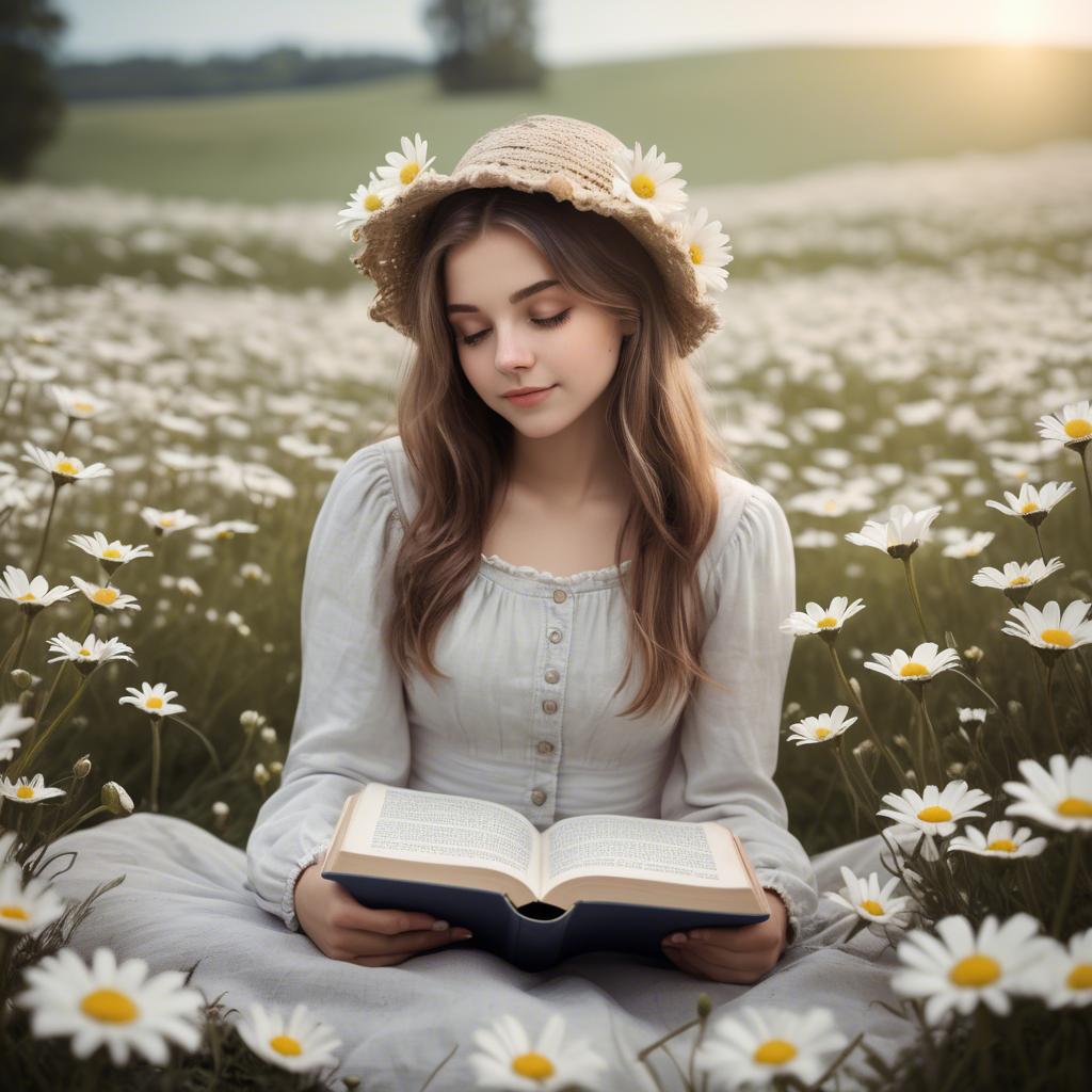 A stunning image of dreamy girl with a book in a field of daisies.