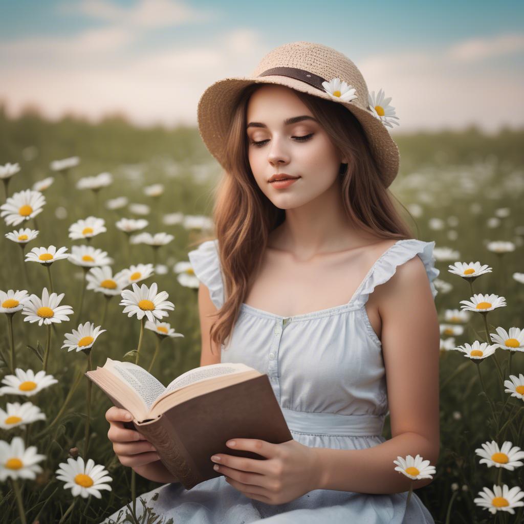 A stunning image of dreamy girl with a book in a field of daisies.
