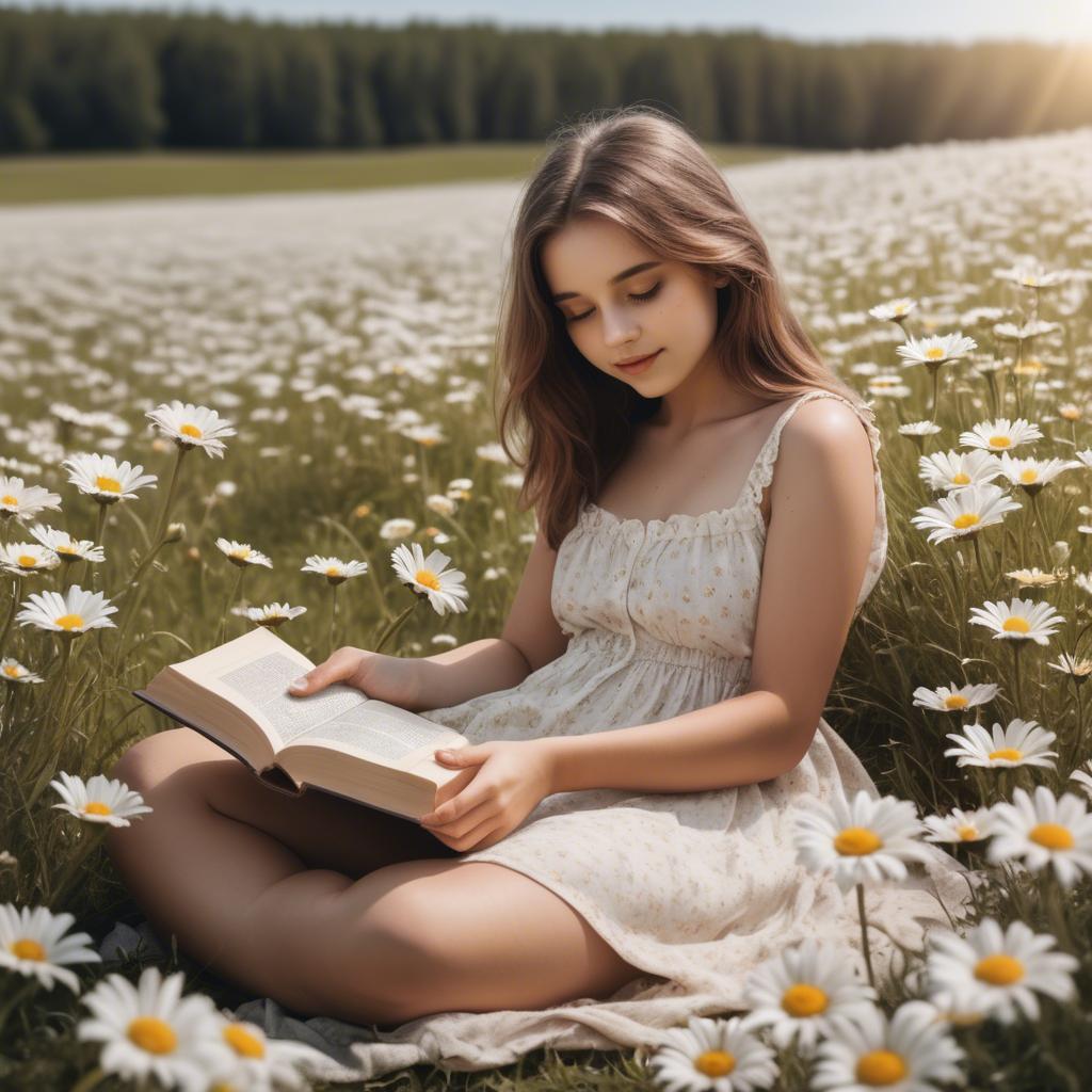 A stunning image of dreamy girl with a book in a field of daisies.