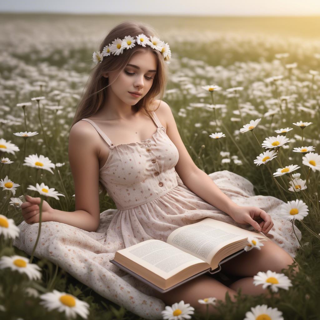 A stunning image of dreamy girl with a book in a field of daisies.