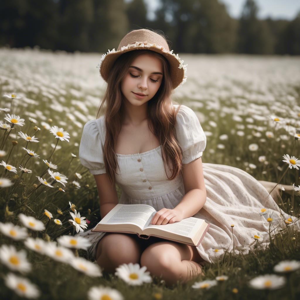 A stunning image of dreamy girl with a book in a field of daisies.