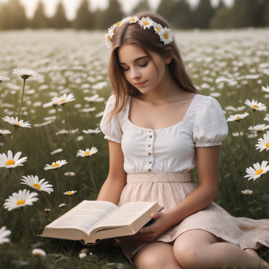 A stunning image of dreamy girl with a book in a field of daisies.