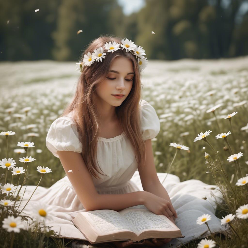 A stunning image of dreamy girl with a book in a field of daisies.