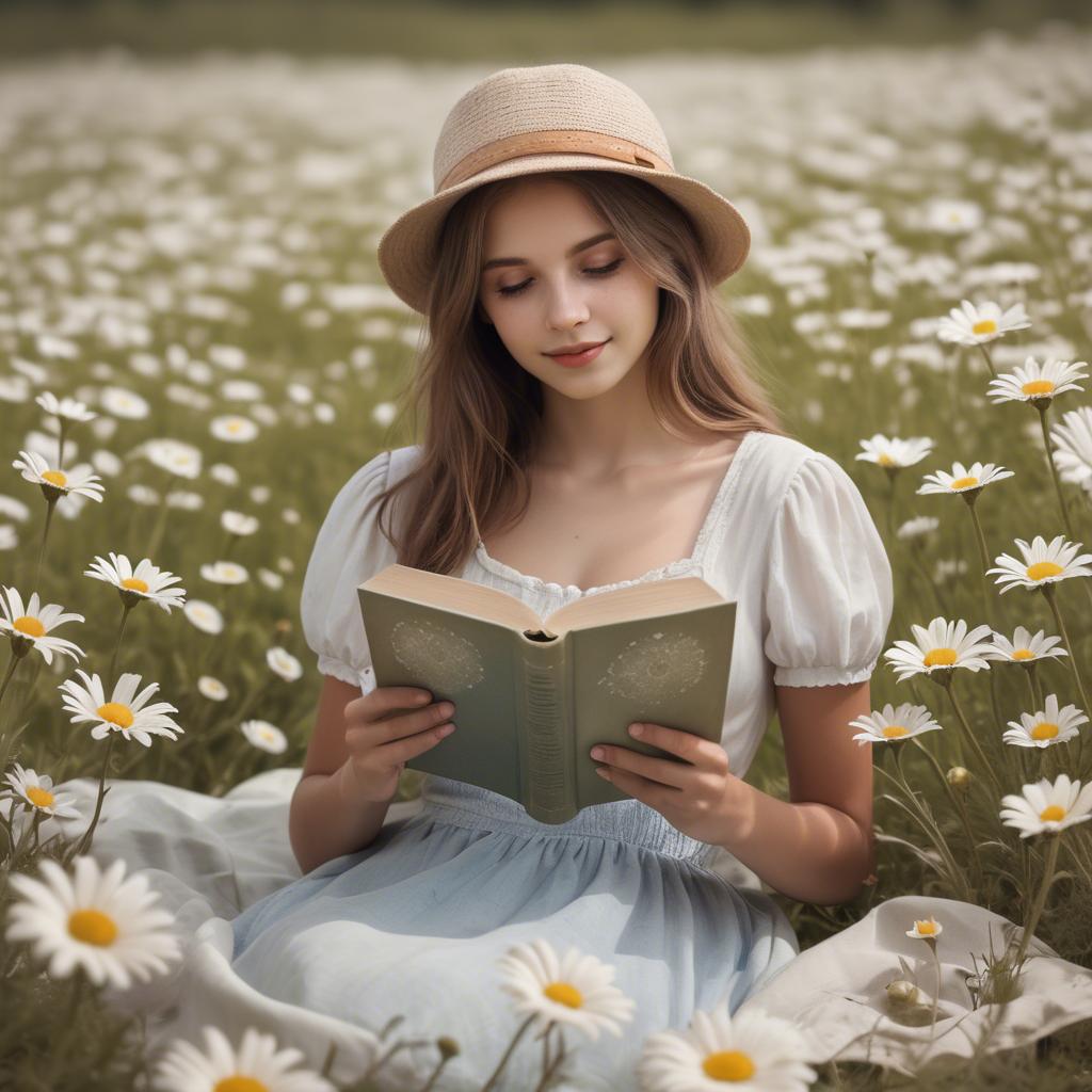 A stunning image of dreamy girl with a book in a field of daisies.