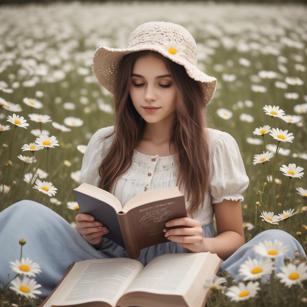 A stunning image of dreamy girl with a book in a field of daisies.