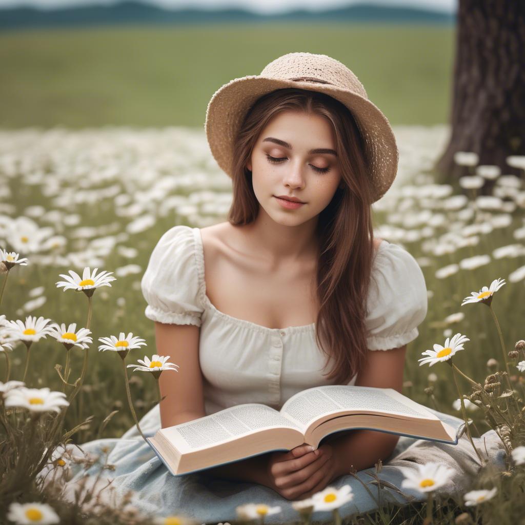 A stunning image of dreamy girl with a book in a field of daisies.
