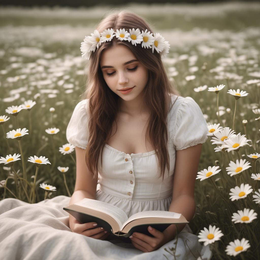 A stunning image of dreamy girl with a book in a field of daisies.