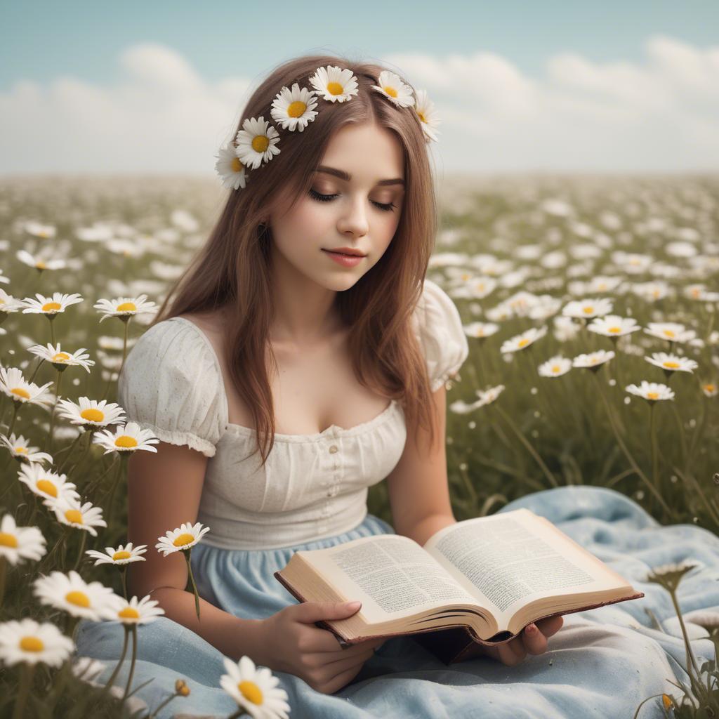 A stunning image of dreamy girl with a book in a field of daisies.