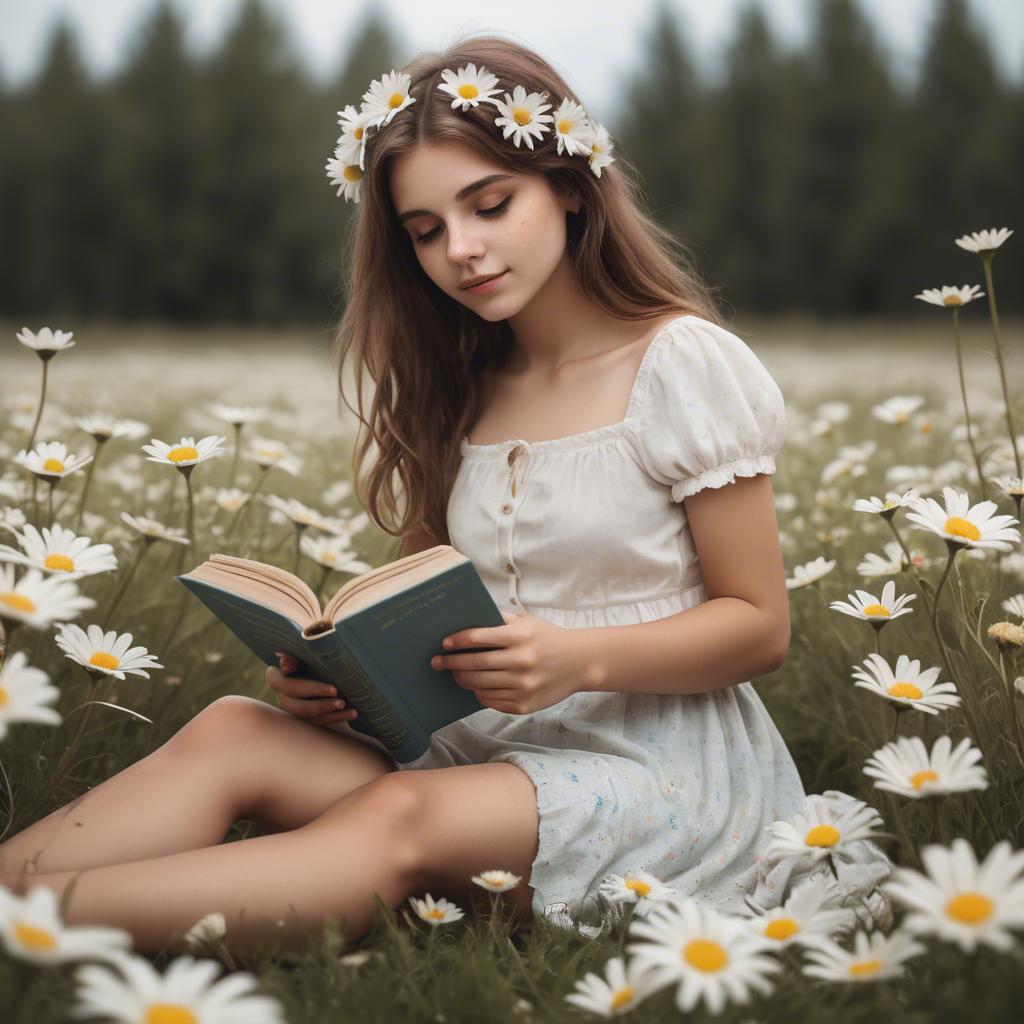 A stunning image of dreamy girl with a book in a field of daisies.