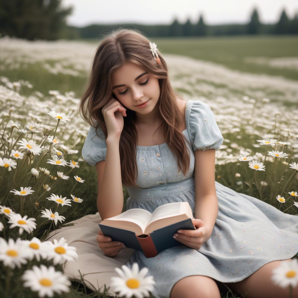 A stunning image of dreamy girl with a book in a field of daisies.