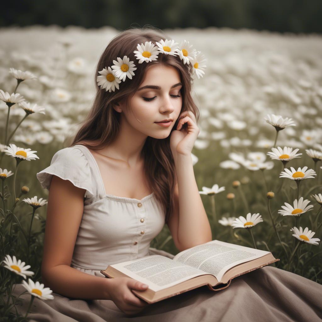 A stunning image of dreamy girl with a book in a field of daisies.