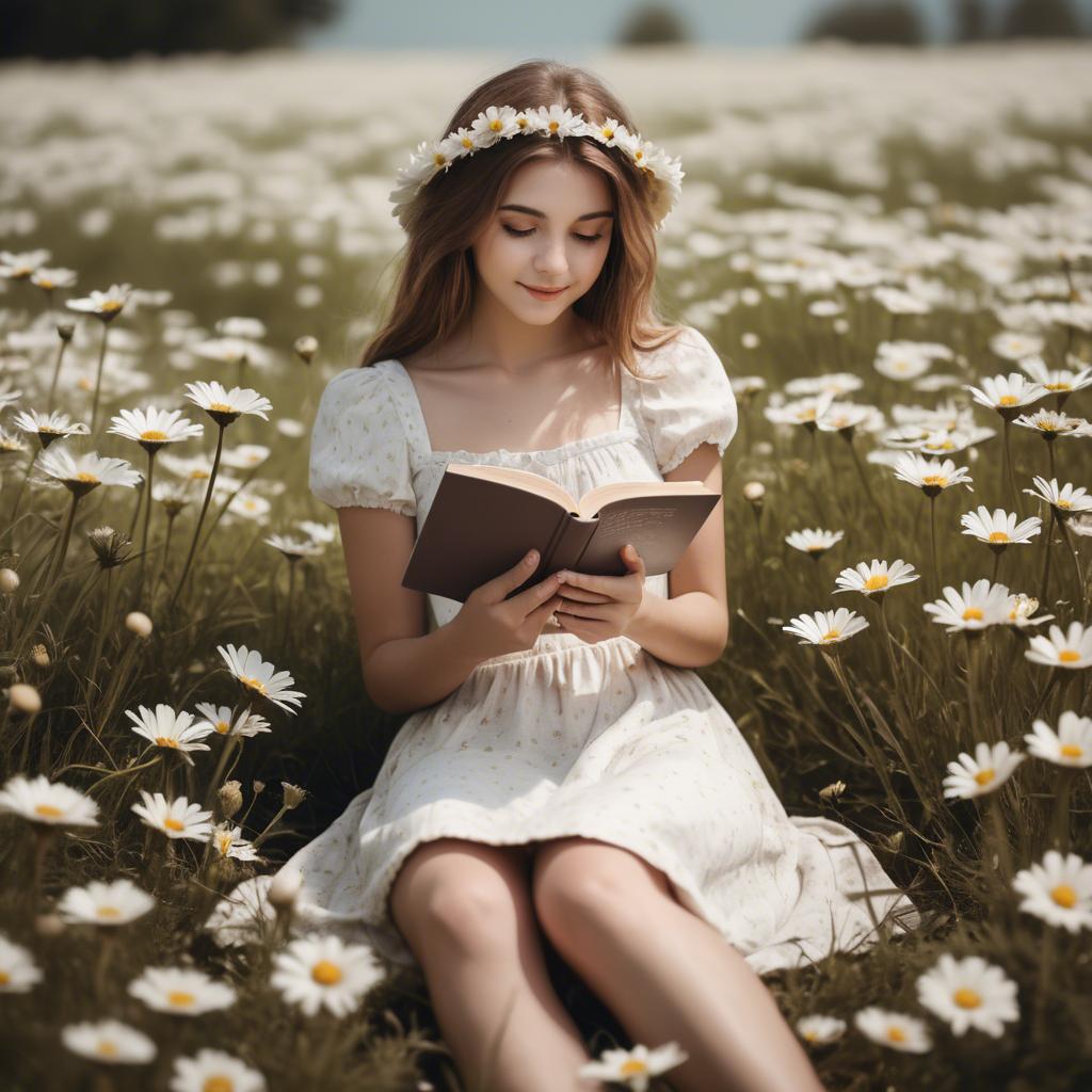 A stunning image of dreamy girl with a book in a field of daisies.