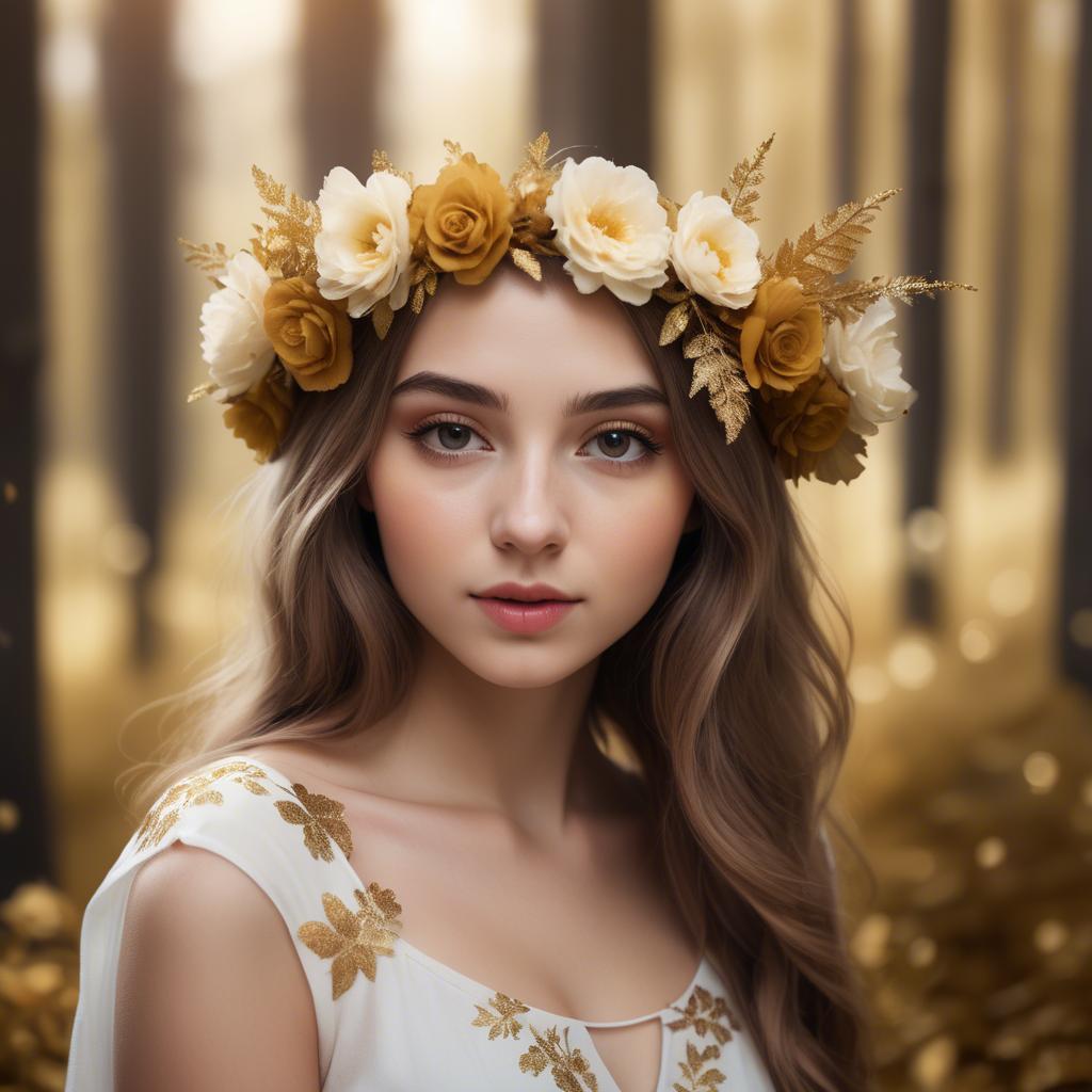 A stunning image of dreamy girl with a floral crown in a golden forest.
