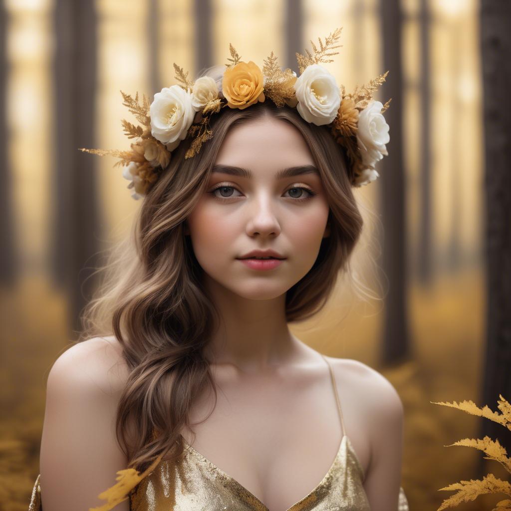 A stunning image of dreamy girl with a floral crown in a golden forest.