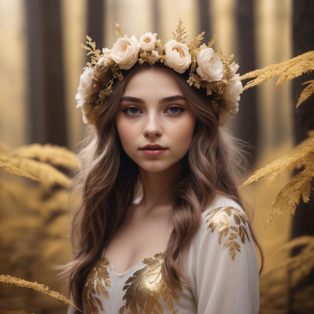 A stunning image of dreamy girl with a floral crown in a golden forest.