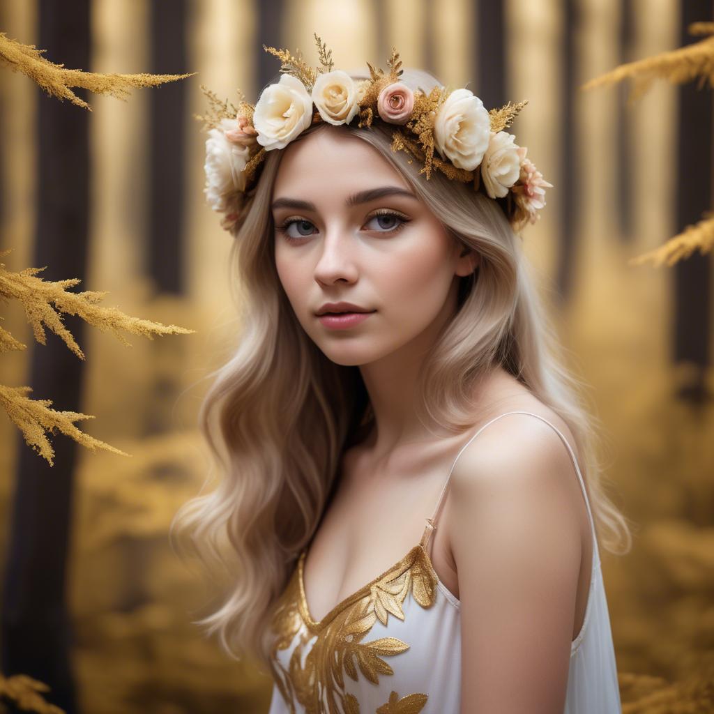 A stunning image of dreamy girl with a floral crown in a golden forest.