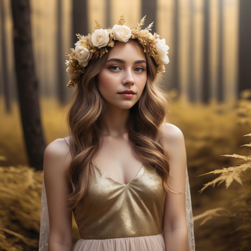 A stunning image of dreamy girl with a floral crown in a golden forest.