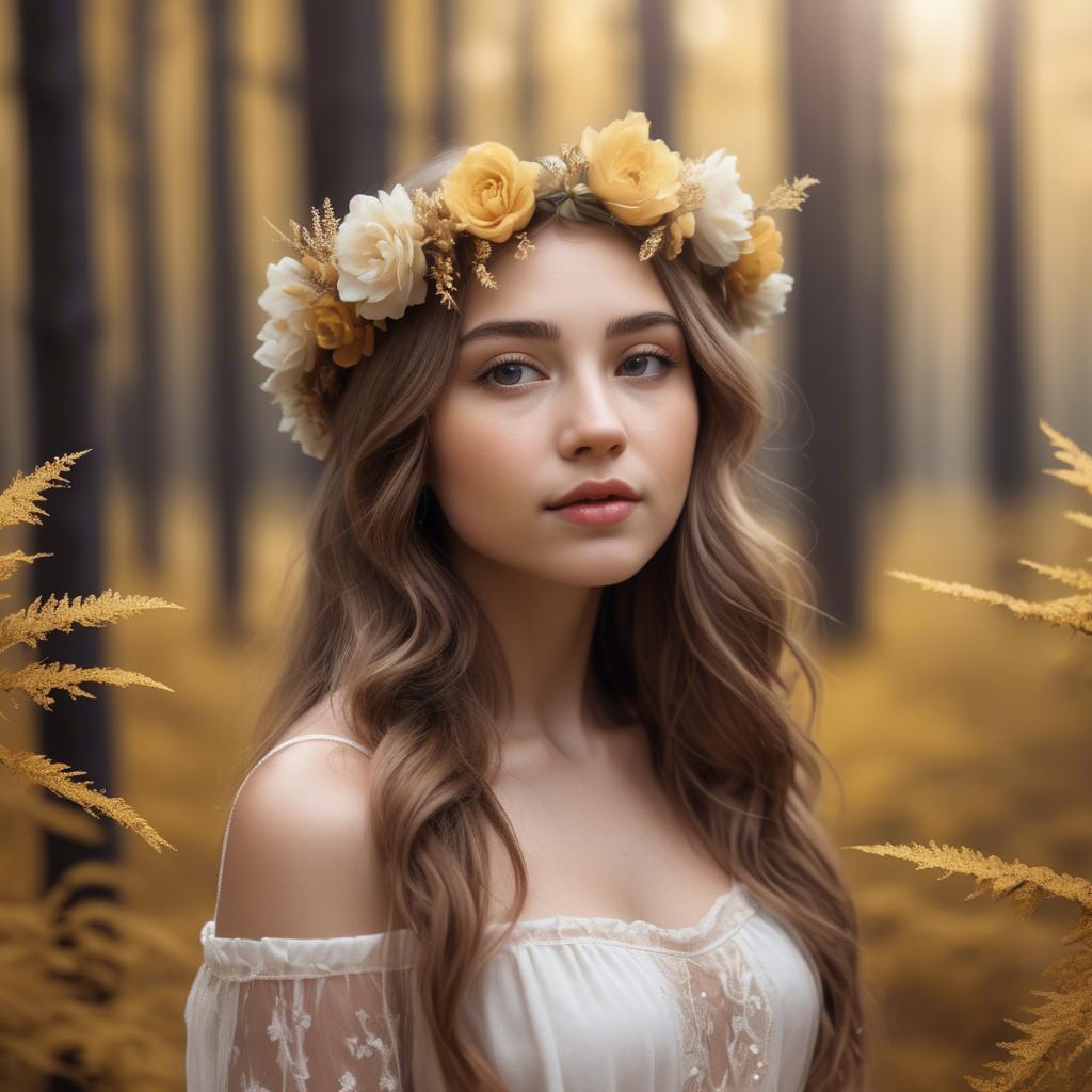 A stunning image of dreamy girl with a floral crown in a golden forest.