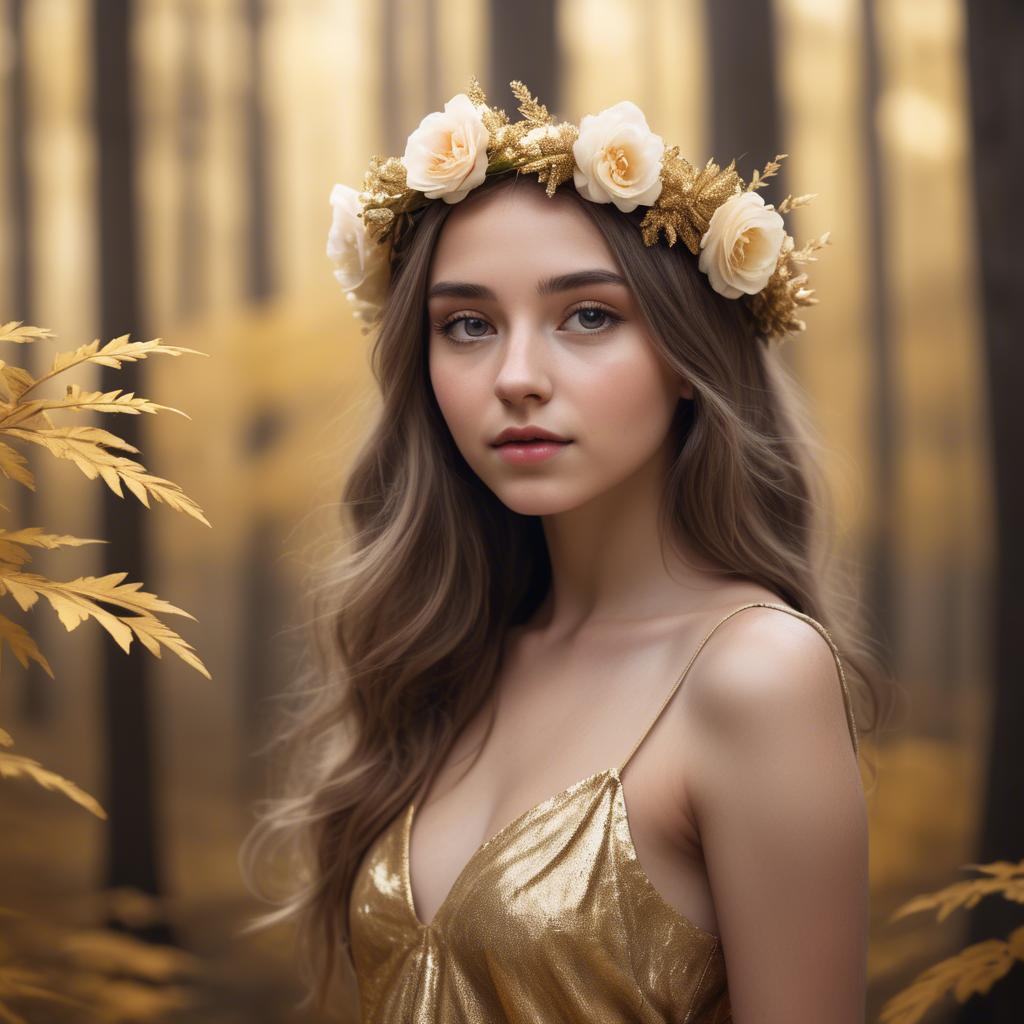 A stunning image of dreamy girl with a floral crown in a golden forest.