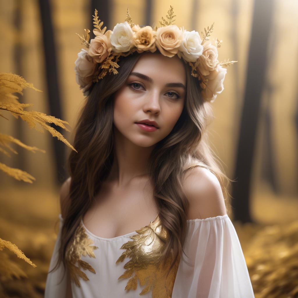 A stunning image of dreamy girl with a floral crown in a golden forest.