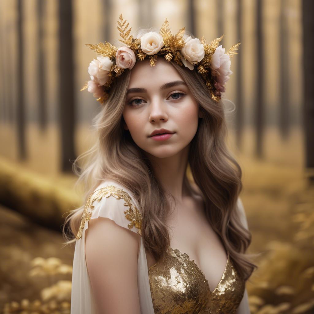 A stunning image of dreamy girl with a floral crown in a golden forest.