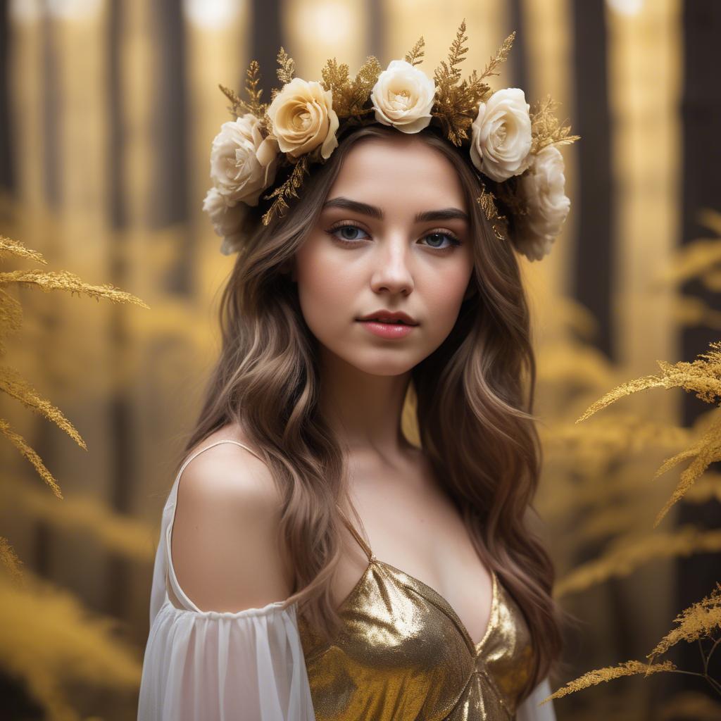 A stunning image of dreamy girl with a floral crown in a golden forest.