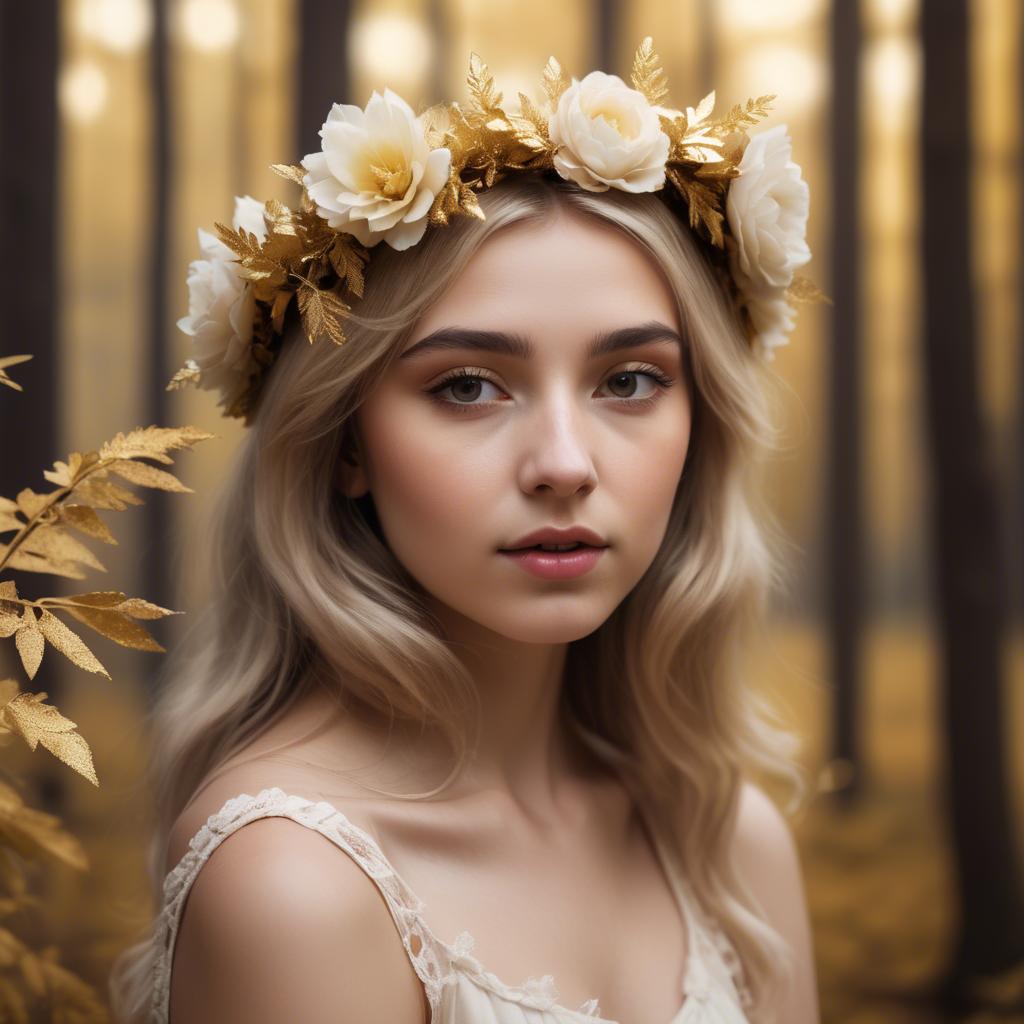 A stunning image of dreamy girl with a floral crown in a golden forest.